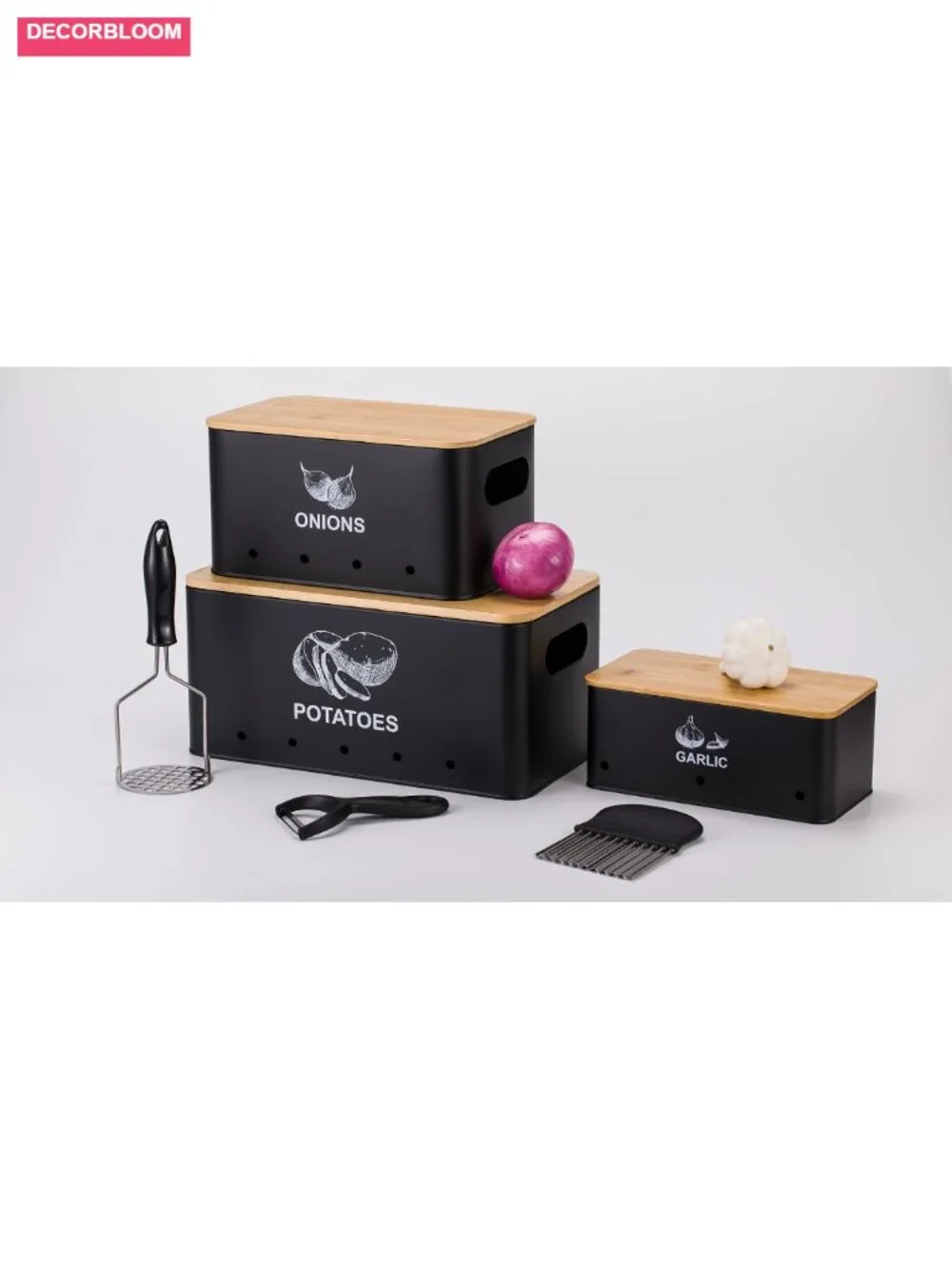 Metal Onion Garlic Potato Storage Set with Bamboo Lids, 3 Canisters with
